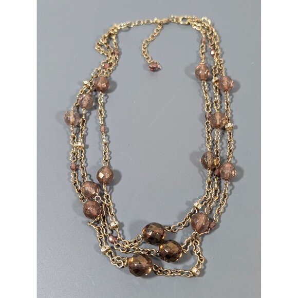 Retro Antiqued Gold Tone Beige Glass Bead Layered Necklace 19" Crystal Accent - Picture 2 of 9